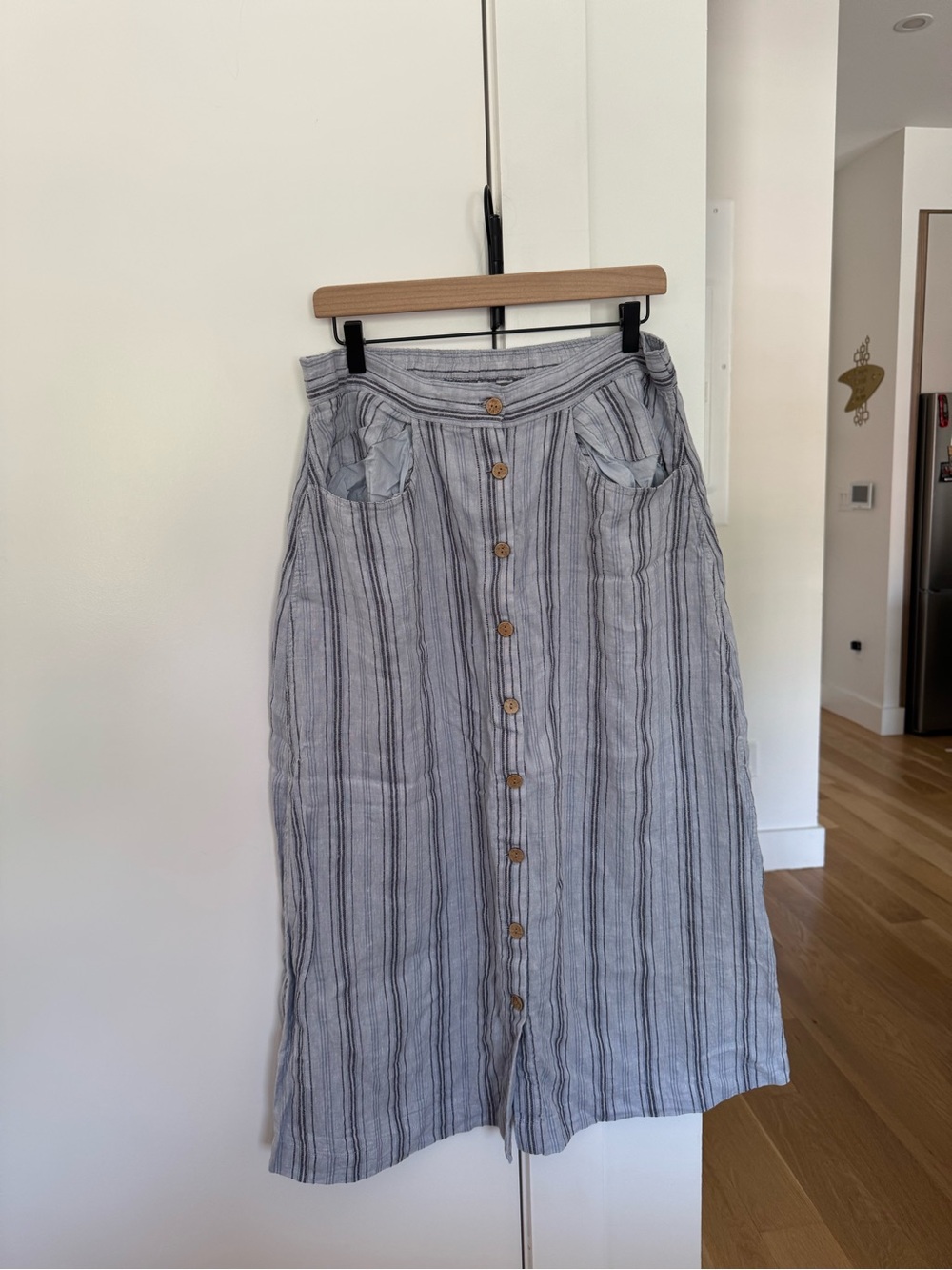 Faherty Linen Button Front Midi Skirt Striped Gray Blue Pockets Size L